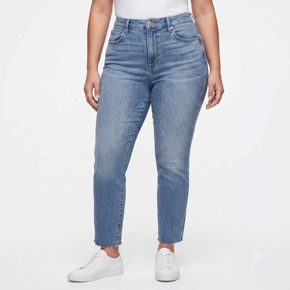 👖 Good American High Rise Raw Hem Ankle Crop Jeans Size 14 Casual Core